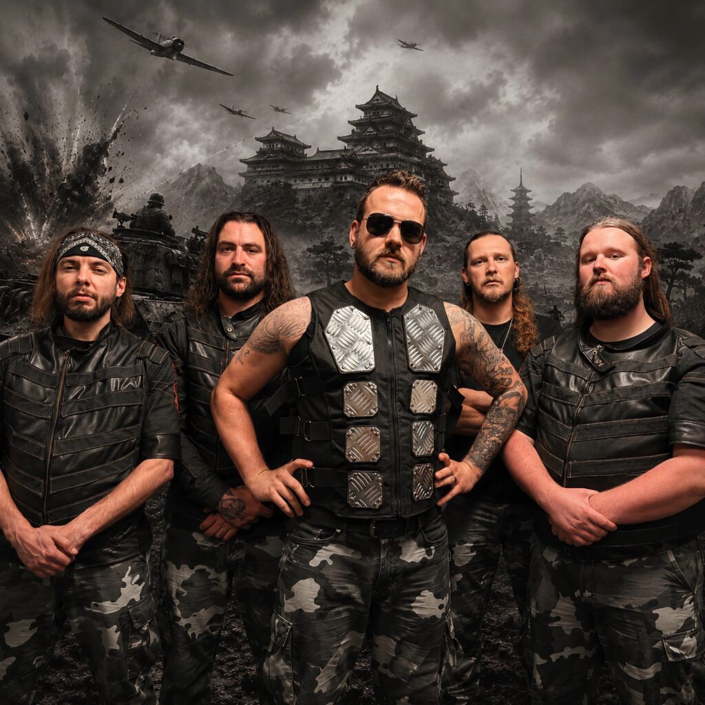 Ghost Division band members in military-style outfits with Japanese background