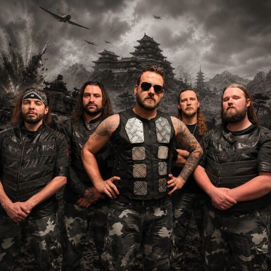 Ghost Division band members in military-style outfits with Japanese background