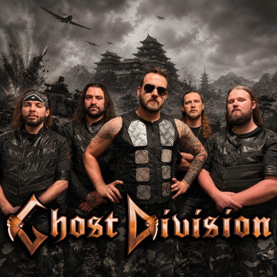 Ghost Division band members with logo in front of Japanese background